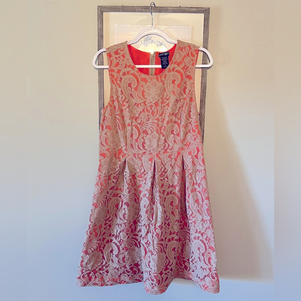 Lord & Taylor Classy Tan and Coral Lace Dress